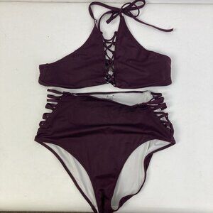 PINK Victoria's Secret Bikini w/ Lace Up Accents Burgundy 2pc Sz Large High Rise